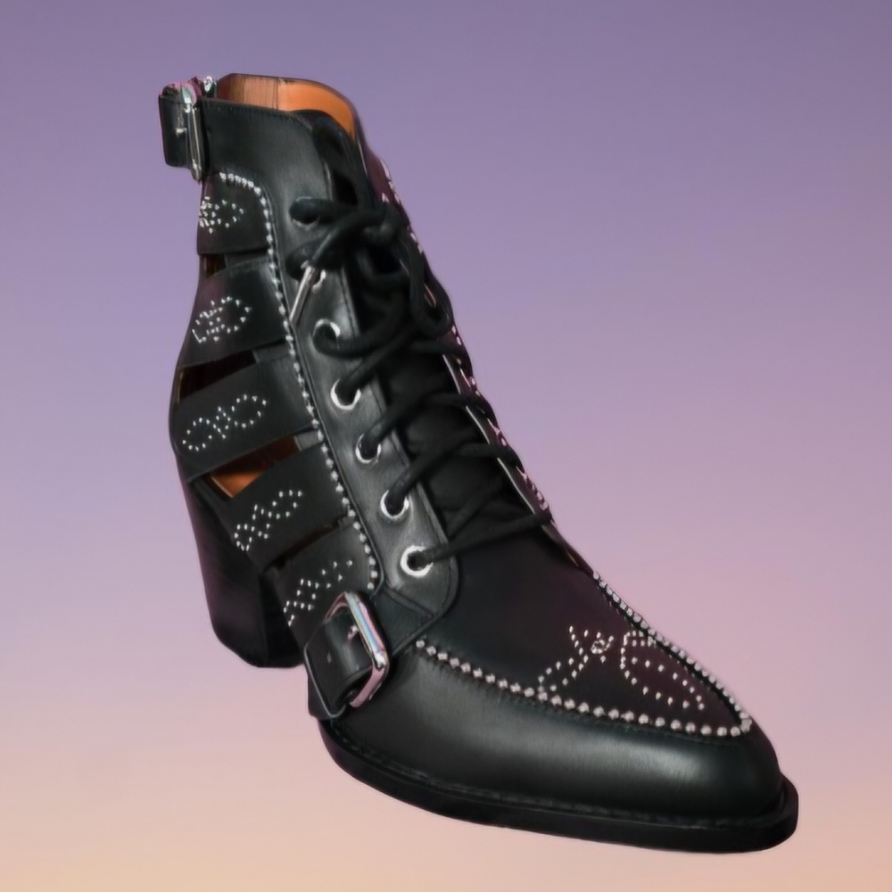 🔥SALE🔥 COACH Paisley Black Leather Cutout Studded Ankle Boots